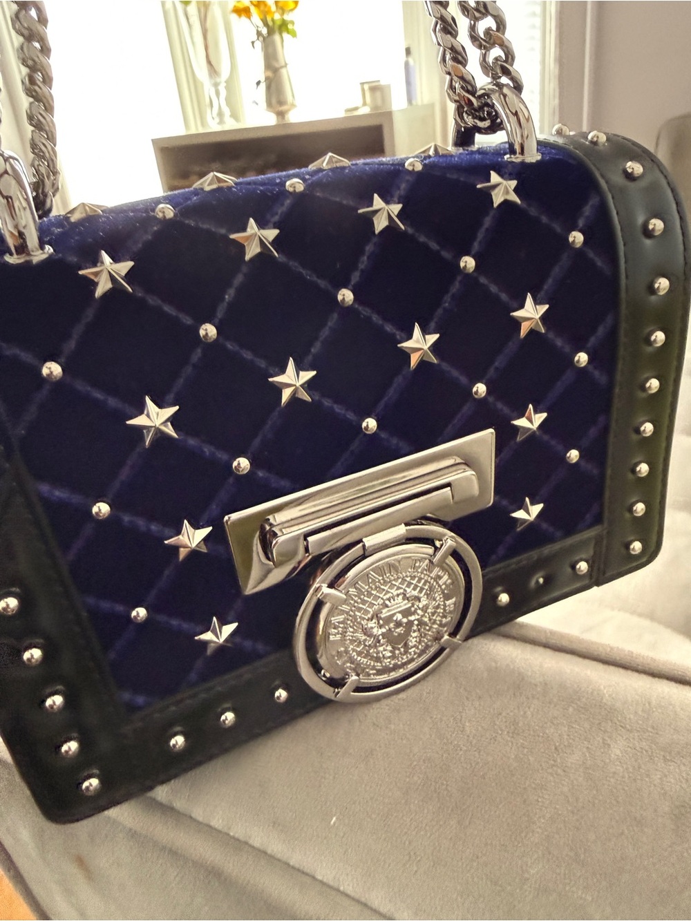 Balmain Navy Velvet Star-Stud Quilted Crossbody with Black Trim
